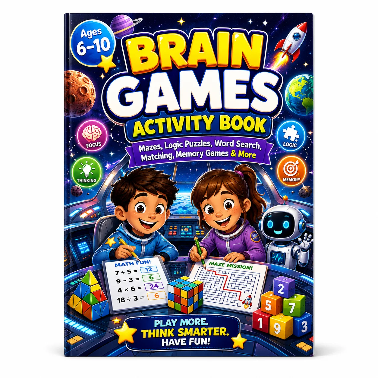 Space Themed Brain Games Activity Book for Kids Ages 6-10 Screen-Free Educational Puzzle Workbook with Mazes Logic Puzzles Word