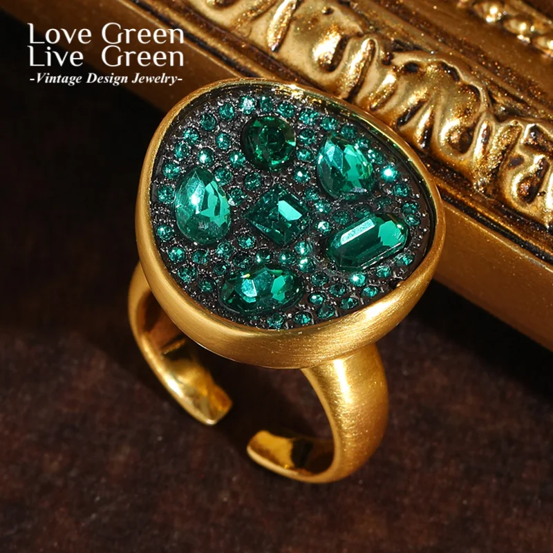 

Vintage Green Crystal Rings Round Rhinestone Starry Gold Color For Woman Accessories Quality Luxury Designer Gifts Christamas