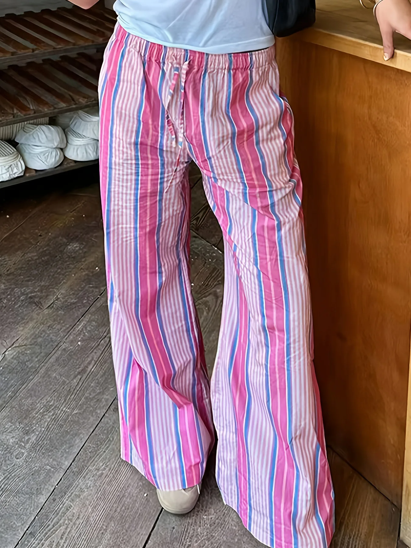 2025 European and American women's striped splicing high waisted loose straight leg fashionable casual comfortable pants