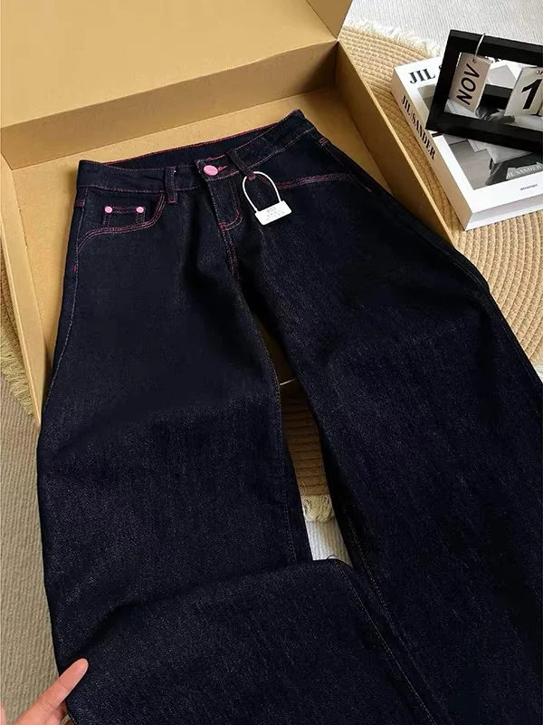 American Style Deep Blue Vintage Wide Leg Floor Length Pants Draping Sensation Jeans for Pear Shaped Body Autumn New Arrival