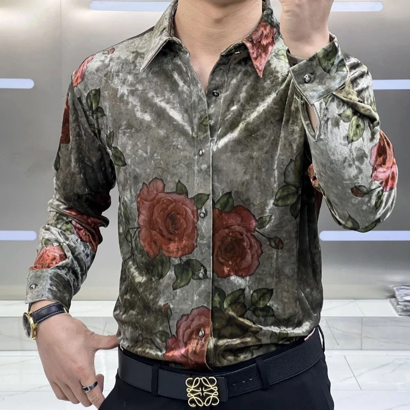 European Autumn and Winter Velvet Flower Shirt Trendy Casual Business Men\'s Slim Fit Velvet Shirt