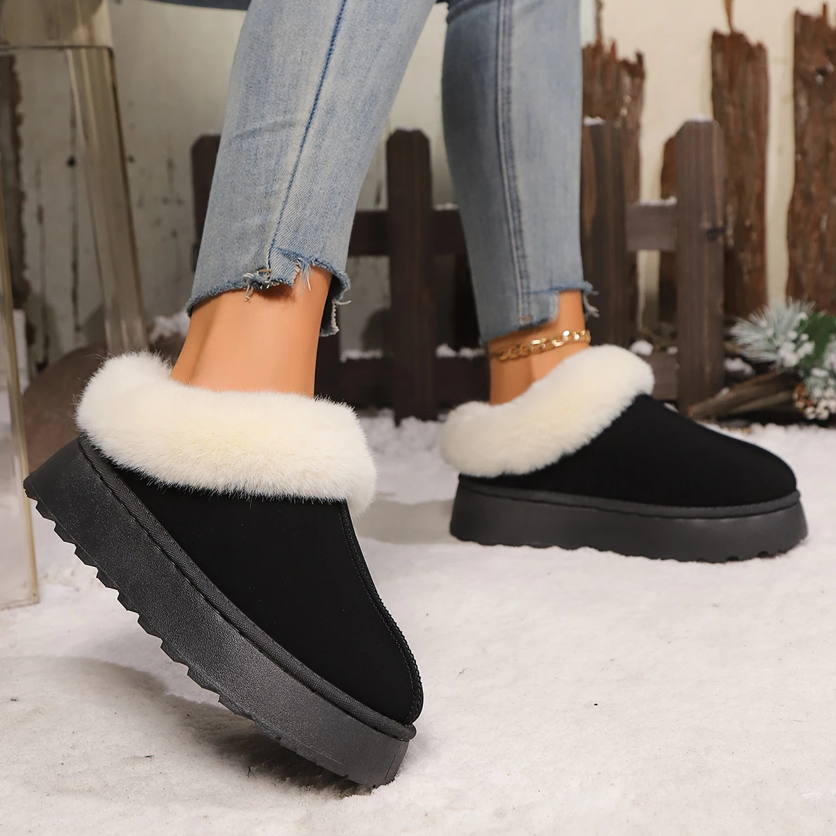 2024 neue Damen Woll pantoffeln warme Plattform Wolle Low-Top-Schneeschuhe Hausschuhe Damen Outdoor Anti-Rutsch-Stiefel Schuhe für Frauen