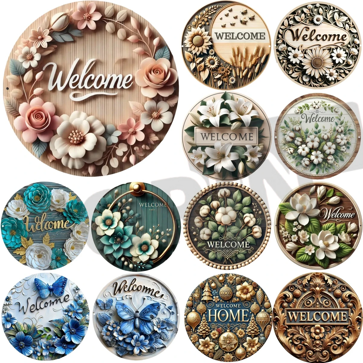 Embossed Effect Round Metal Sign WELCOME Flower Art Poster Decorative Plates Entrance Gift Theme Bar Club Home Garden Wall Decor