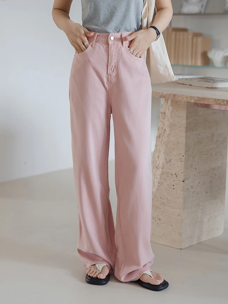 

Женские летние джинсы с высокой талией, прямые, больших размеров, повседневные, розовые, из денима, с широкими штанинами