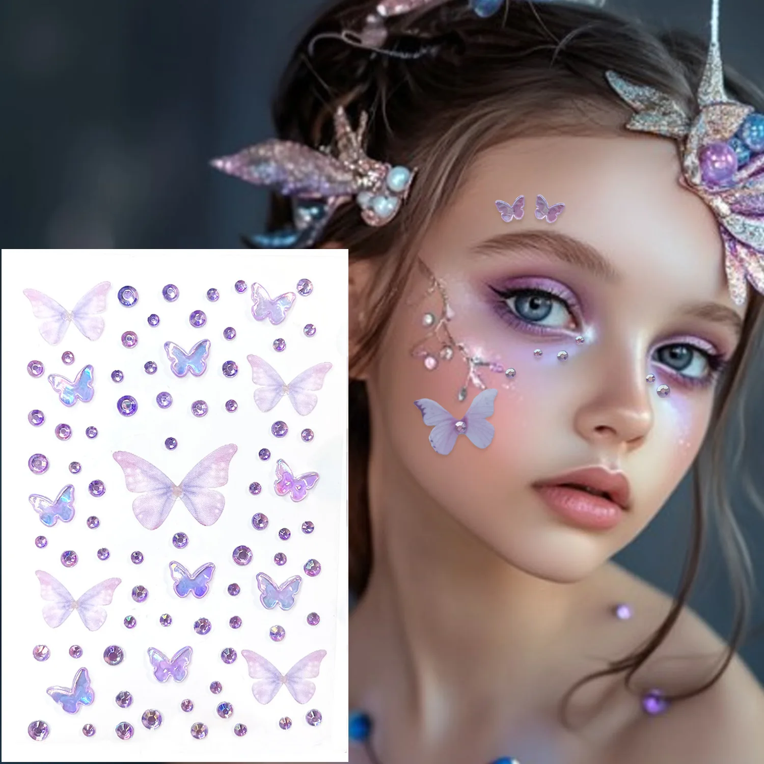 1Sheet Sparkling Butterfly Face Gems Dazzling Rhinestone Makeup Stickers Eye & Facial Accents Purple & Blue for Stage-Ready Glam