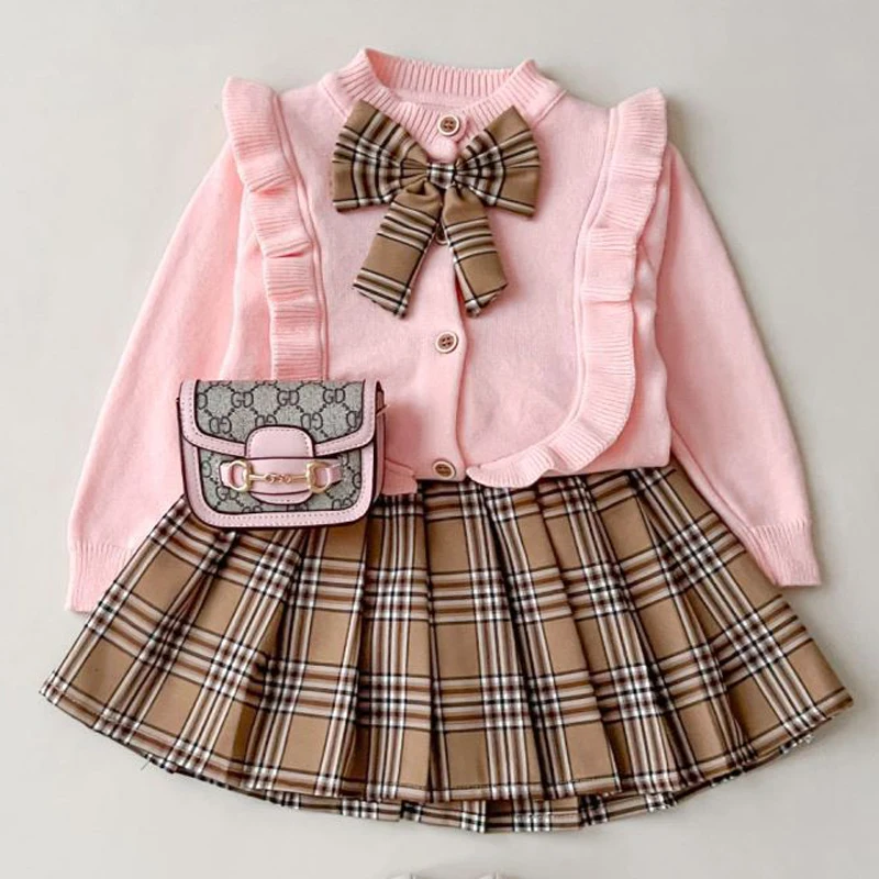 Baby Girls Clothing Set Autumn Winter Solid Color Bow Knitted Cardigan+Lattice Pleated Skirt 2Pcs For 2-6Y Kids Casual Suit