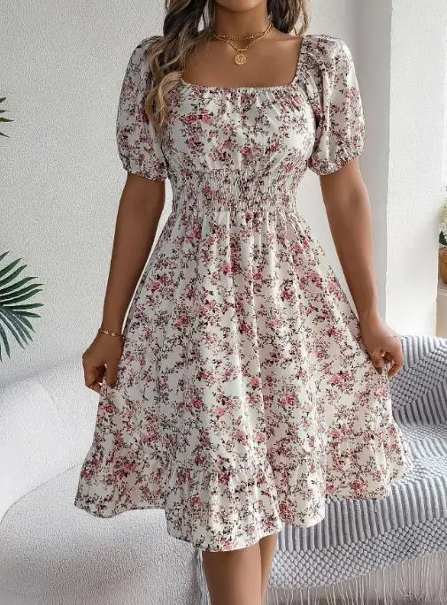 

New Spring/Summer 2025 floral square neck short sleeved waist cinched pleated A-line skirt for women's wear