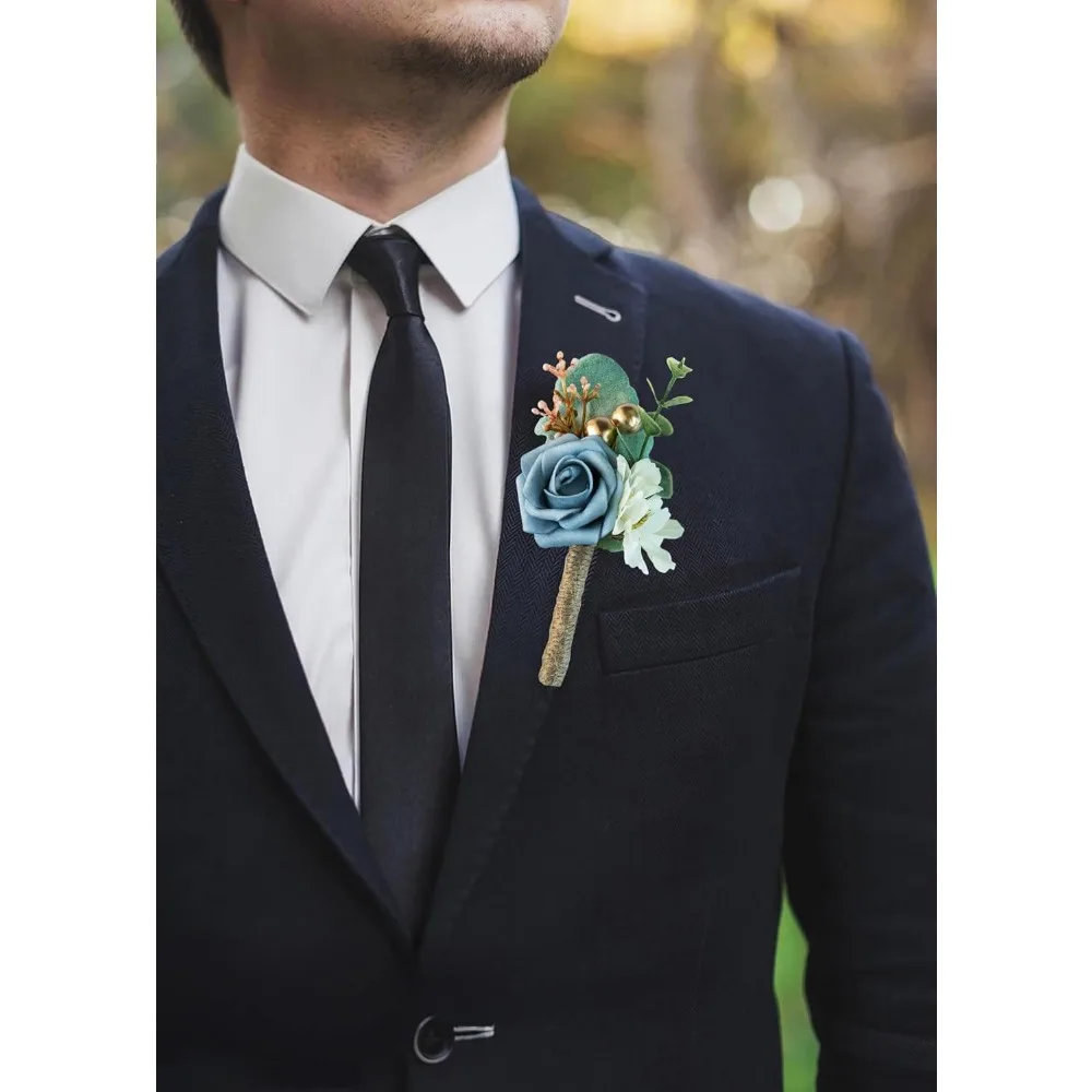 男性の結婚式用ブートニア、新郎介添人、結婚記念日の祝い、プロム、パーティー、家の装飾用の造花バラの花。