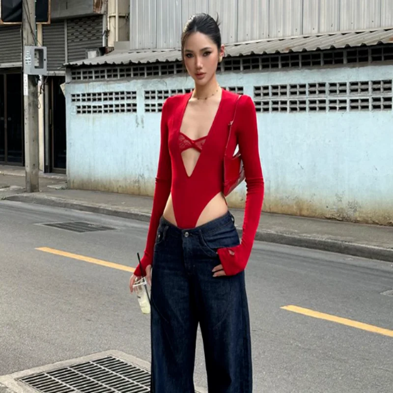 

Women's Bla Long Sve One-Piece Sensual Lace V-Ne T-irt Slimming High Waist ort Pants Polyester Fiber Summer 2025