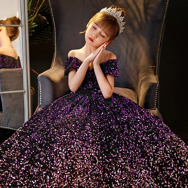 Little Girl Deep Purple Dresses Party and Wedding Summer 2023 Kids Birthday Evening Long Dress Sequin Luxury Gowns Child Costume