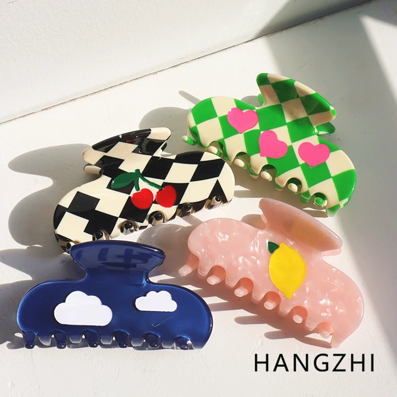 HANGZHI Retro Checkered Cherry Shark Hair Claw Pink Heart Lemon Print Ponytail Hair Clip for Women 2023 New Trendy Headwear