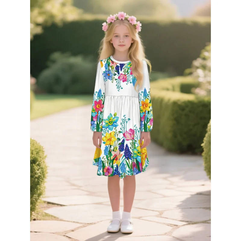 

202 Spring and Autumn 5 Girls' Elegant Floral Printed Dress