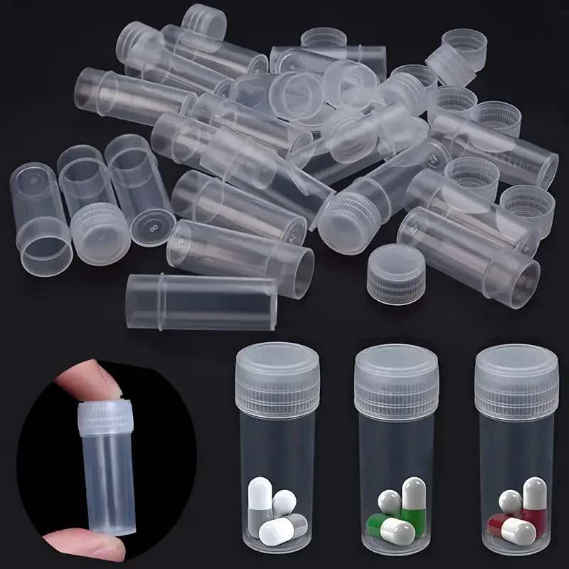 50 Stück 5-ml-Kunststoff-Probenfläschchen, kleine Aufbewahrungsfläschchen, Reagenzgläser mit Schraubverschluss für Laborpulverproben – Detail 4