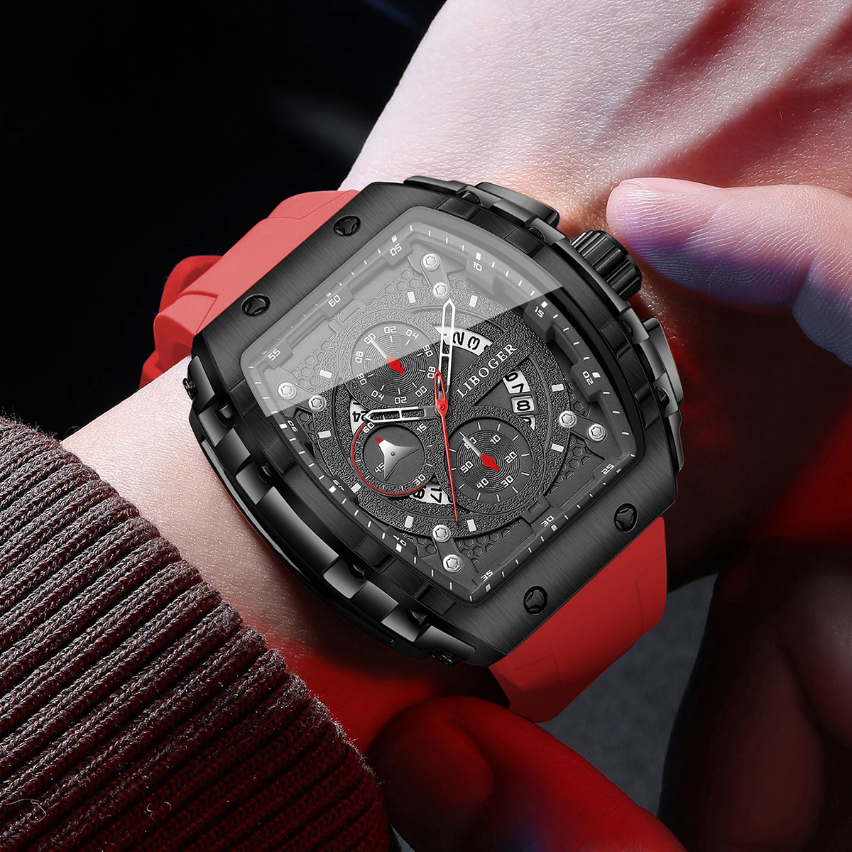 Fashion Tonneau Men Sport Watch Casual Silicone Strap Military Outdoor Analog Wristwatch For Men Calendar Watches（Without Box） - view 5