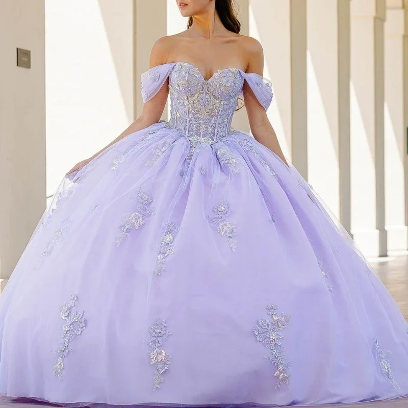 Angelsbridep Lilac Off Shoulder Tulle Ball Gown Quinceanera Dresses 2025 Elegant Floor-Length Formal Evening Sweet 16 Dress