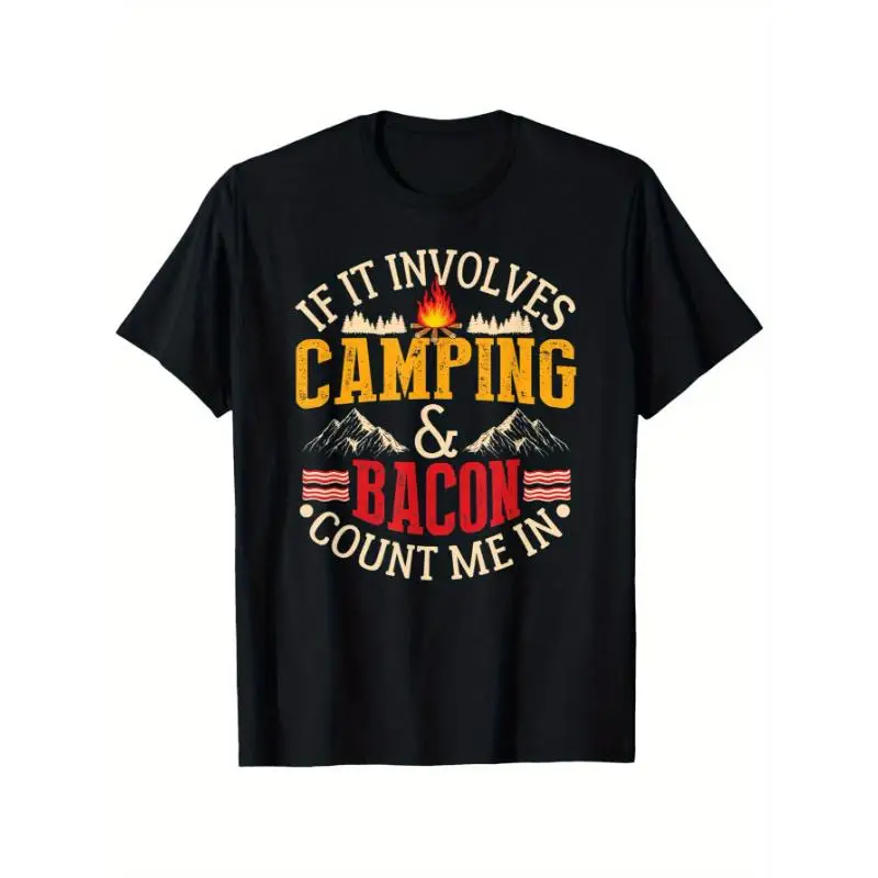 

Unisex Funny Camping T-shirt, Humorous "Camping & Bacon" Graphic Tee, Outdoor Adventure Lover Casual Top