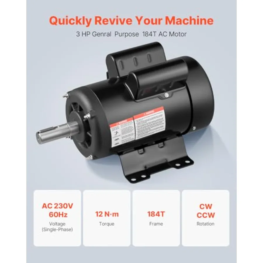 3 HP Electric Motor, 1750RPM Air Compror Motor, CW/CCW Rotation, 1.125 inch Shaft Diameter, 2.75inch Shaft Length, 12N.m Torque