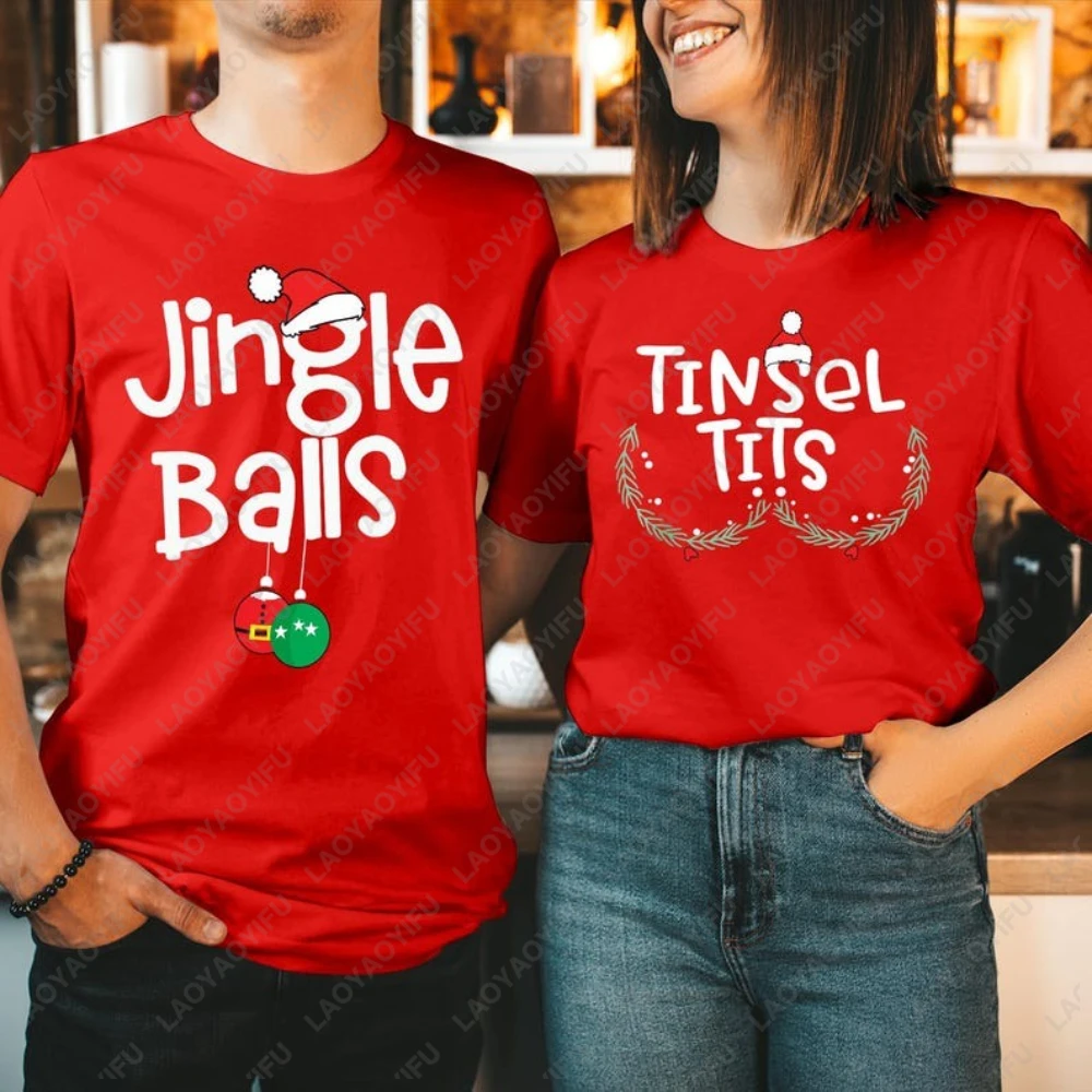 Funny Christmas Couple T-Shirt Jingle Balls Christmas Hat Streetwear Graphic T Shirts Xmas Men Women Clothing Crewneck Tops Gift