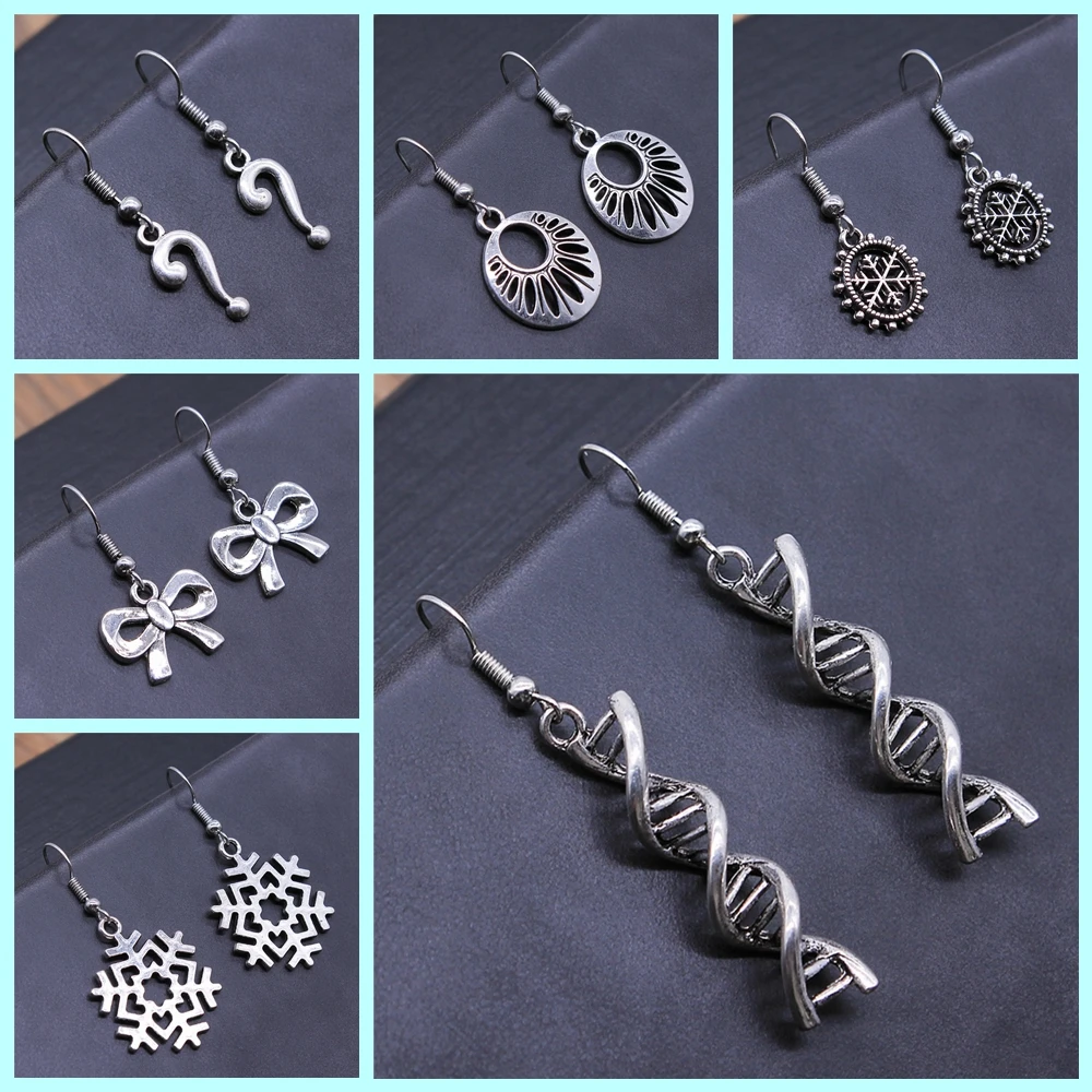 Geometric Shaped DNA Snowflake Bow Knot Infinity Dangle Earrings Vintage Antique Silver Color Earrings For Women Girl Gift