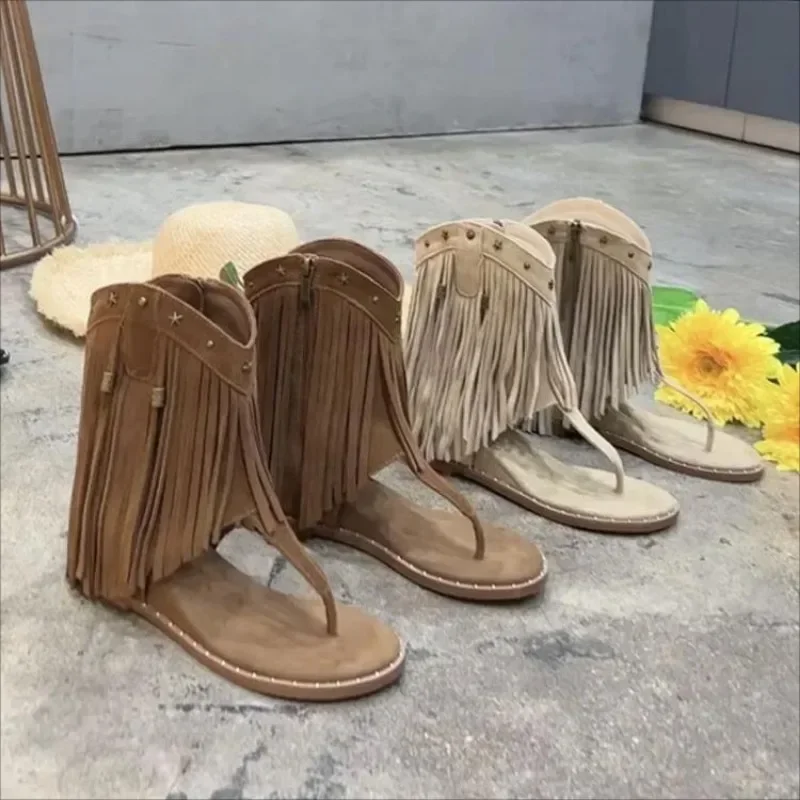 صنادل نسائية جلد بني شرابة موضة الصيف المفتوحة تو الوجه بالتخبط أحذية الشاطئ المسطحة الكاحل الأشرطة صنادل أرضية الأحذية