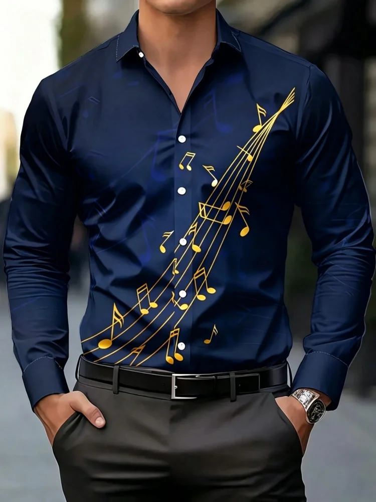 Light luxury staff note men's long sleeved shirt with silky smooth drape, musician party stage personalized print lining
