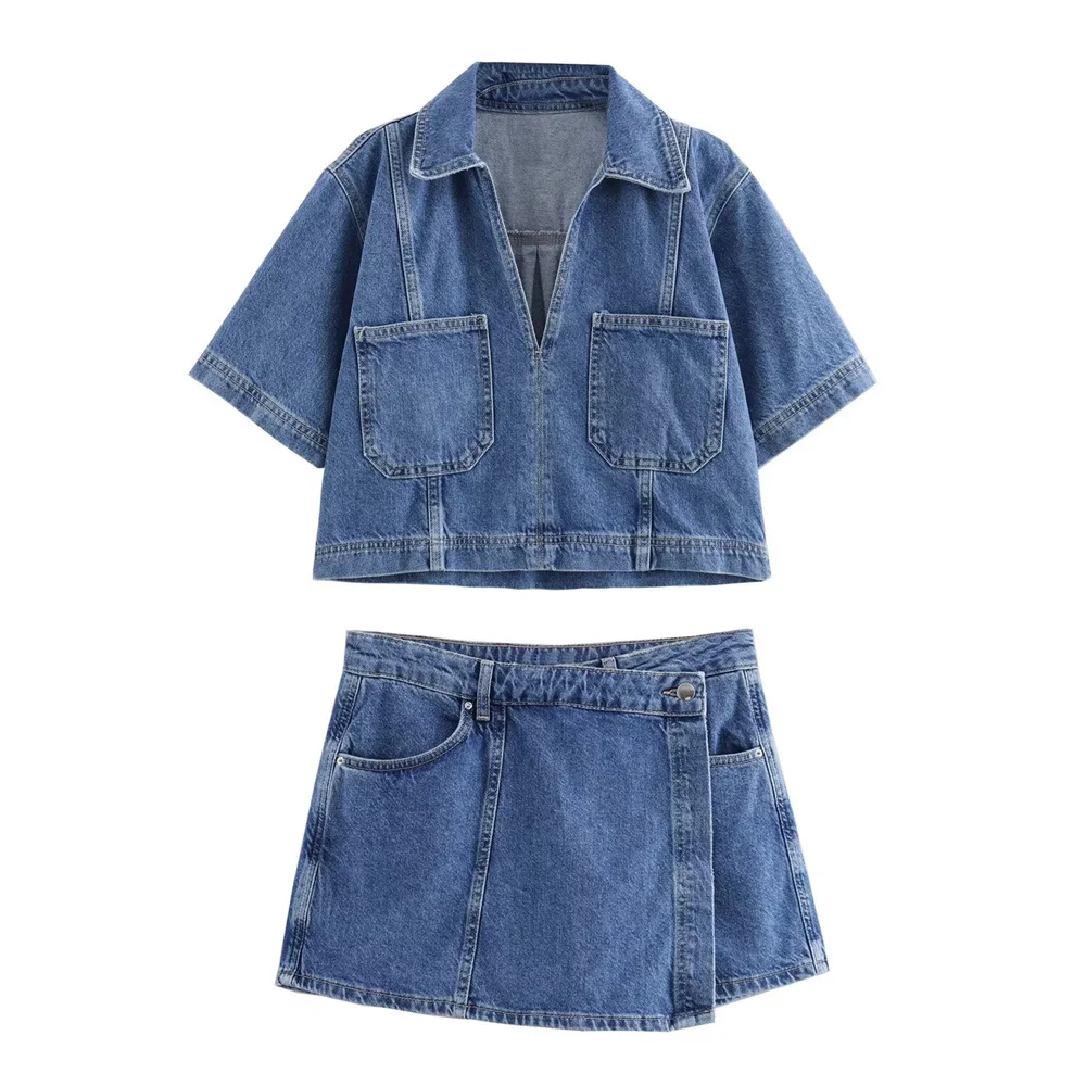 Zach Ailsa 2024 Summer New Women\'s Lapel Short Sleeve Pocket Decoration Short denim Shirt High Waist Skirt Casual Set