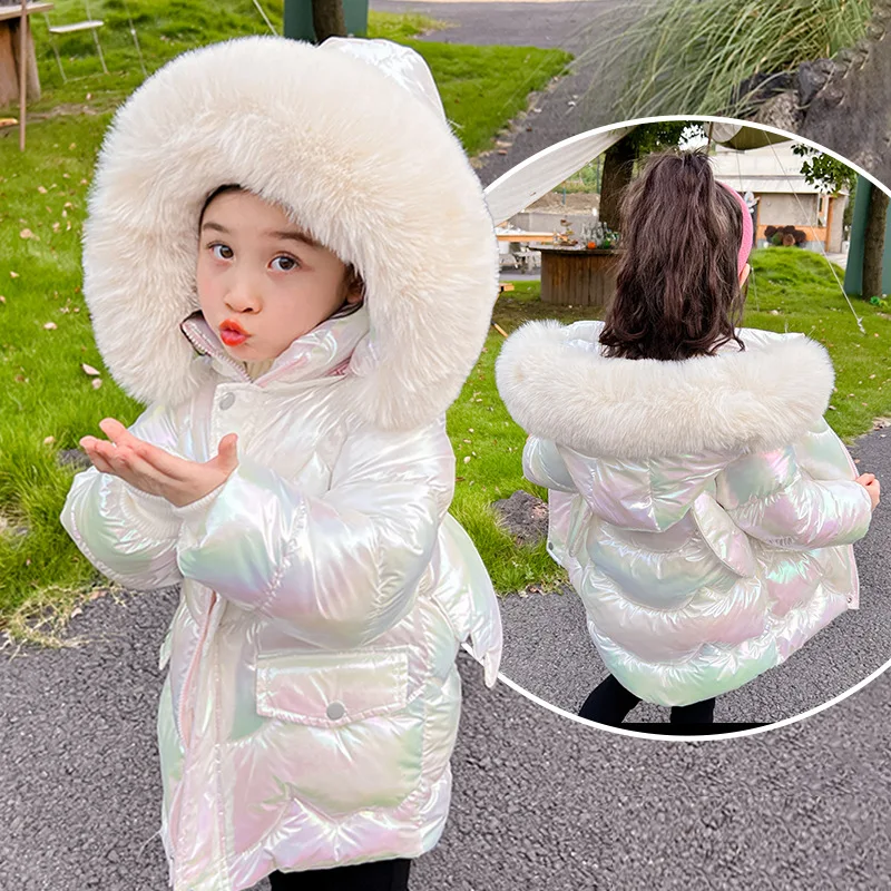 -30℃ Winter Long Girls Jacket Glossy Waterproof Lining Plush Thick Warm Windbreaker For 4-12Y Teen Kids Cotton Fashion Parkas