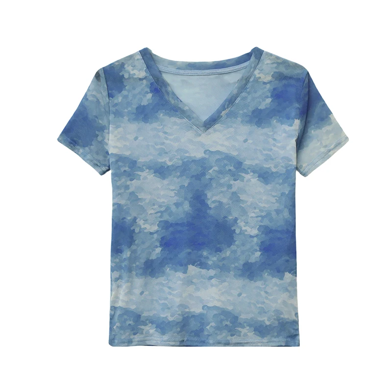 MadBlack-Women's European T-Shirt, Sexy V Neck Geometry Printed, Retro Short Sleeve Elastic Slim S-3XL Tee, 2025 Summer T56810CC