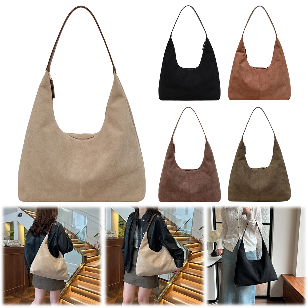 

Women Suede Crescent Bag with Multi-Pockets Hobo Bag Zipper Closure Underarm Bag Large Capacity for Work Travel
