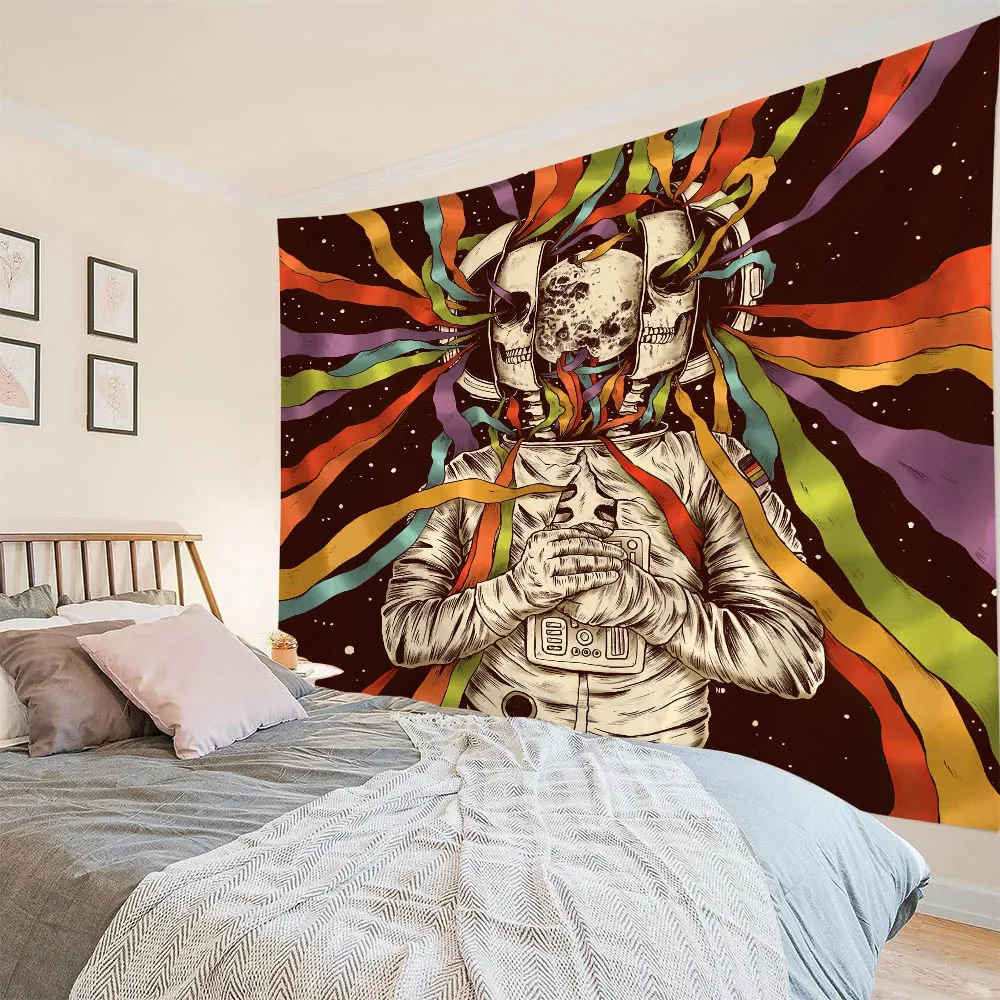Skeleton art tapestry, star and moon psychedelic divination magical wall hanging cloth, bohemian room wall decoration, beach mat
