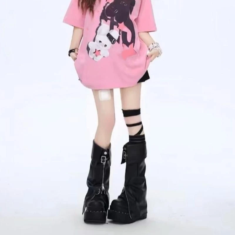 Women Punk PU Leather Leg Warmer Harajuku Buckled Lapel Leg Socks Buckled Zippers Split Wide Leg Boot Covers Gaiters 15UB