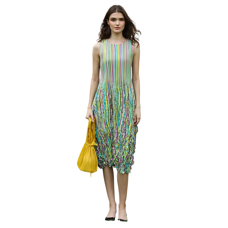

MIYAKE Clashing Summer Vest Round Neck Colorful Stripe Ruffle Sweet Comfort Dress High Waist Slim Midi Dresses for Women