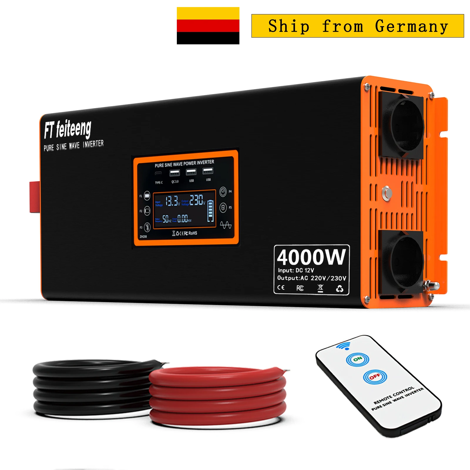 4000 W/3000 W2500 W reiner Sinus-Wechselrichter 12 V auf 220 V 230 V mit EU-Stecker-Fernbedienungskabeln für Wohnmobil-Solar-CPAP-Werkzeuge