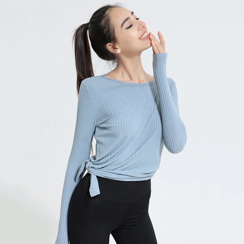 New Autumn and Winter Ribbed Sports Top Women\'s Long-sleeved Slim Slimming Breathable Round Neck Yoga Running Fitness Clothes