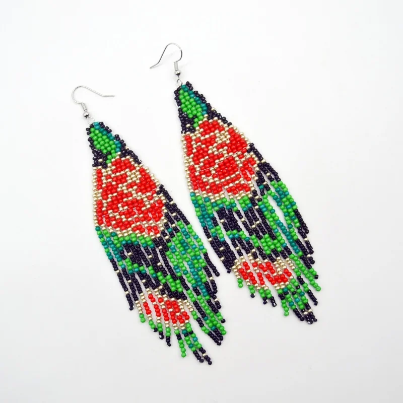 手作りビーズイヤリング レッドローズ柄 手織りタッセル ファッションボヘミアンビーズイヤリング 女性用