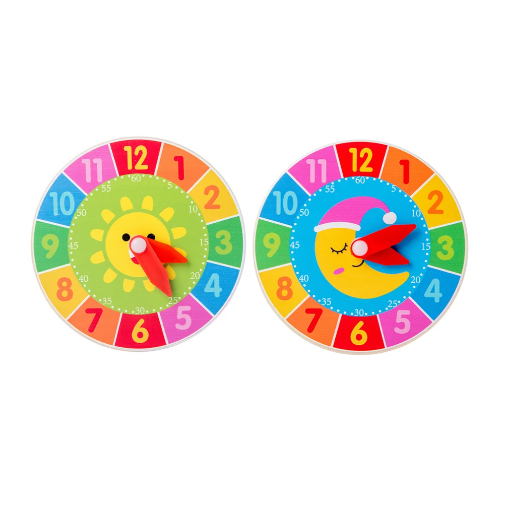 2 PCS Children's Toys Kids Clocks Wood Learning for Wooden Cartoon Bamboo Educational