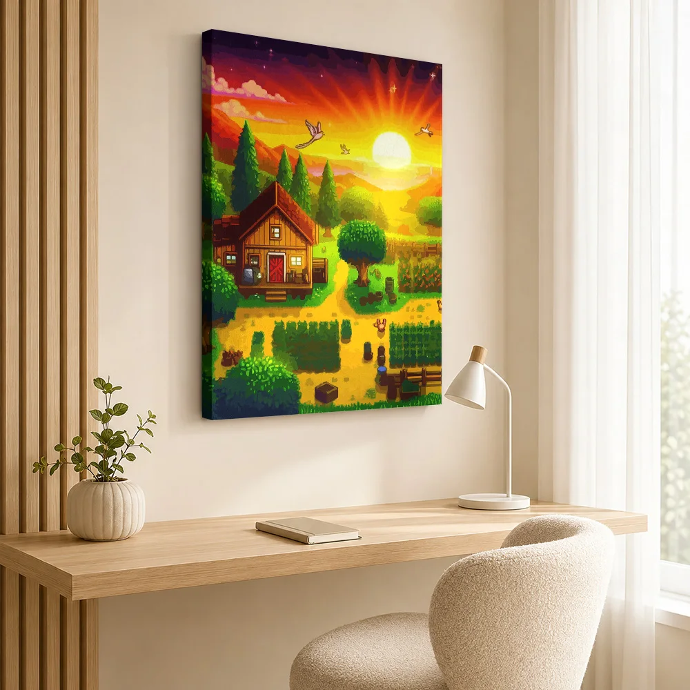 Stardew Valley Sunset Farm Scene Canvas Painting Posters Pixel Style Wall Art With Personalized Photo For Study Ideal Gamer Gift