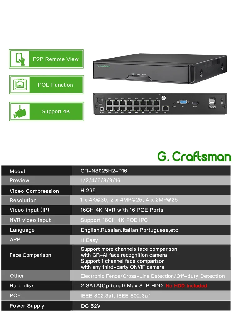 C-R,4K 16CH PoE NVR System,Face Detection Cross-line Smart Alarm,H.265 HDMI ONVIF Business Security