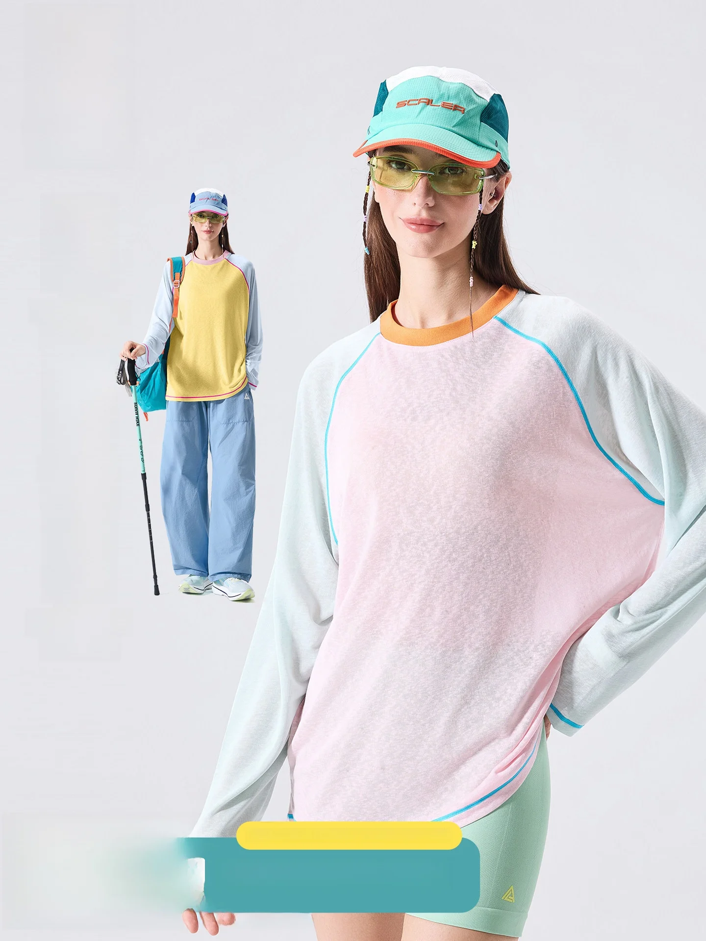 LAZY DAY Outdoor Lightweight Color Block Breathable Long Sleeve T-Shirt Women Summer Hiking Loose Casual Thin Top