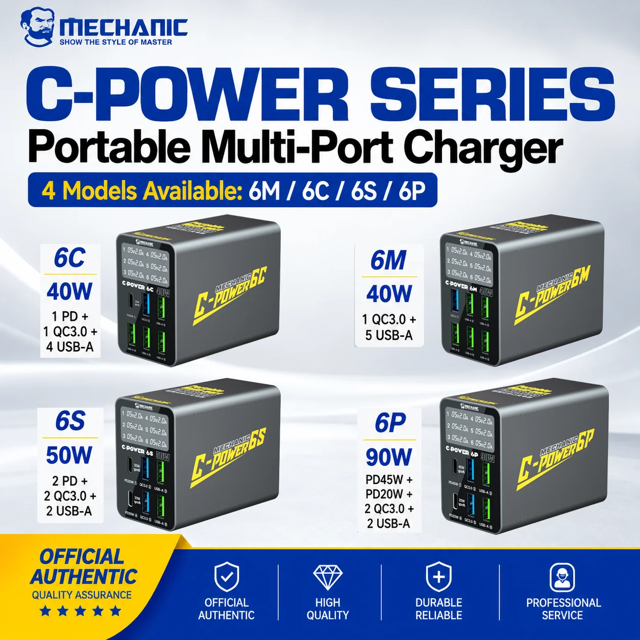 MECHANIC C-Power 6 Port USB Fast Charger Multi Port Charging Station Digital Display Desktop Charger for Mobile Phone Tablet