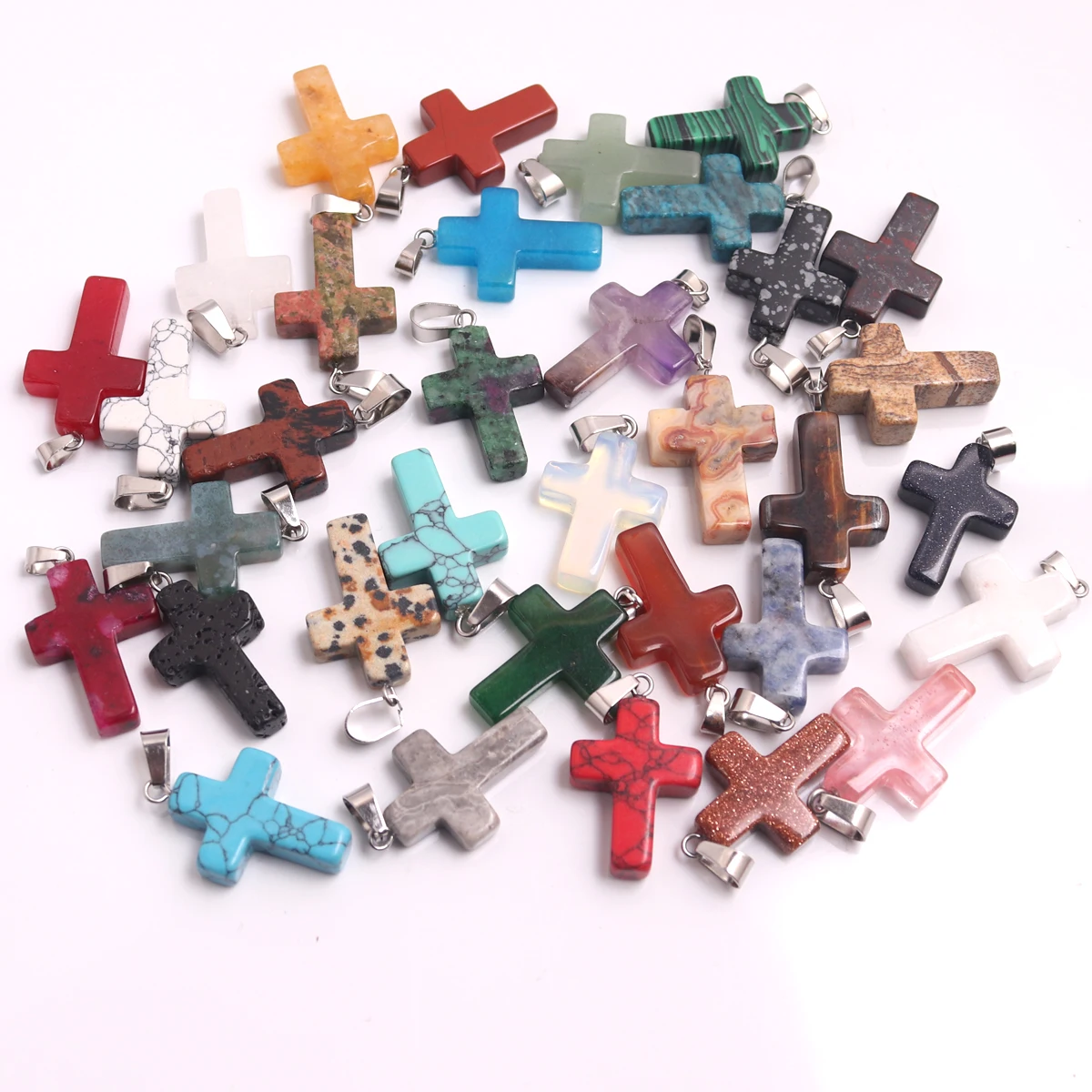 1pc Cross Shaped Natural Stone Crystal Pendant Necklace PU Leather Rope Couple Gift Lucky Stone Necklace Jewelry