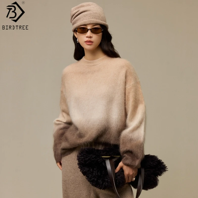 Birdtree, 93% Wool 7% Cashmere Gradient Sweater, Long Sleeve Tops, O-neck, Women's Knitted Warmth Loose 2026 Pullover T69005JF