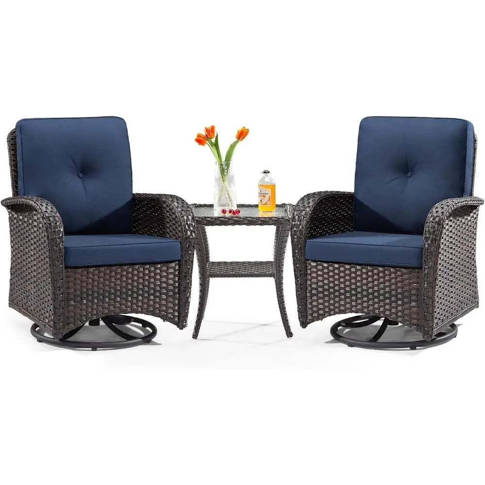 

3-Piece Outdoor Wicker Swivel Glider Chairs Set with Side Table, Brown/Blue