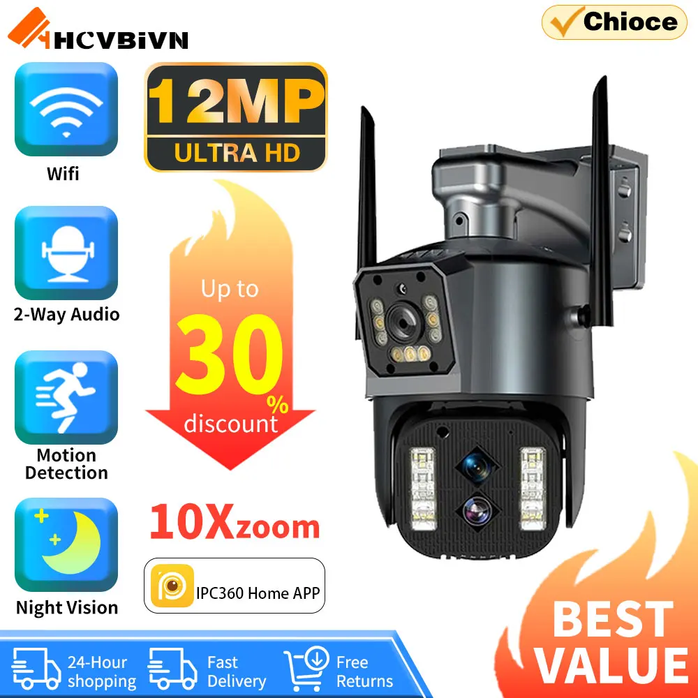 6K 12MP 10X PTZ Zoom Camera 3-Lens 2-Screen Security IP Camera 4K Auto Tracking Video CCTV Wifi Surveillance Camera IPC360 Home