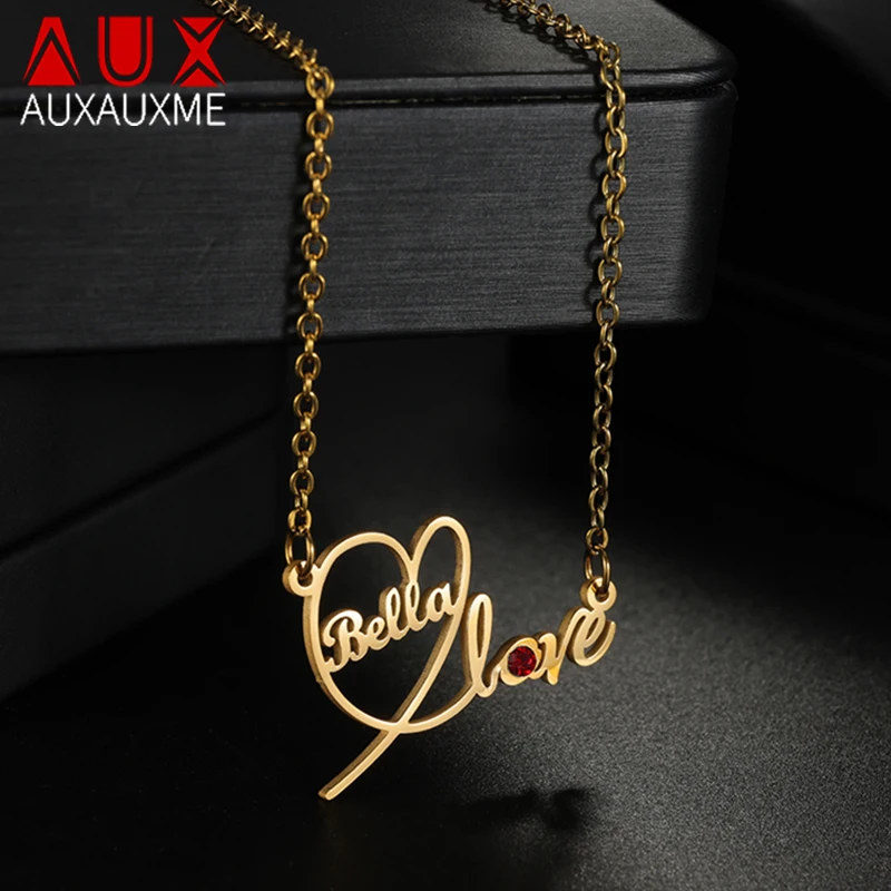 

Auxauxme Personalized Heart Name Necklace for Women Stainless Steel Custom Ruby Color Zircon Pendant for Women Lover Jewelry