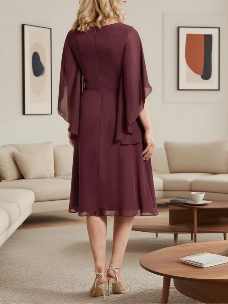 Vestido elegante para madre de la novia/novio, corte en A, cuello en V, hasta la rodilla, broche de cristal de gasa, vestido de fiesta de invitados de boda personalizado