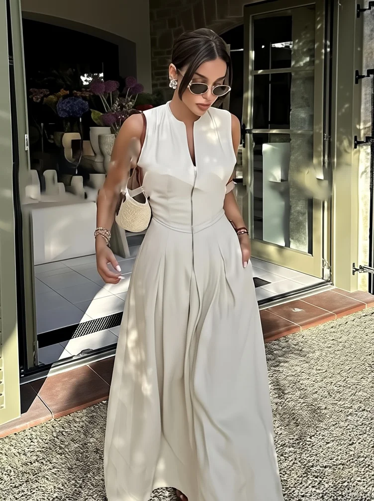 HH Elegant Commuter Midi Dresses For Women Sleeveless Solid O Neck A-line Pleated Design Zipper With Pockets Causal Dress