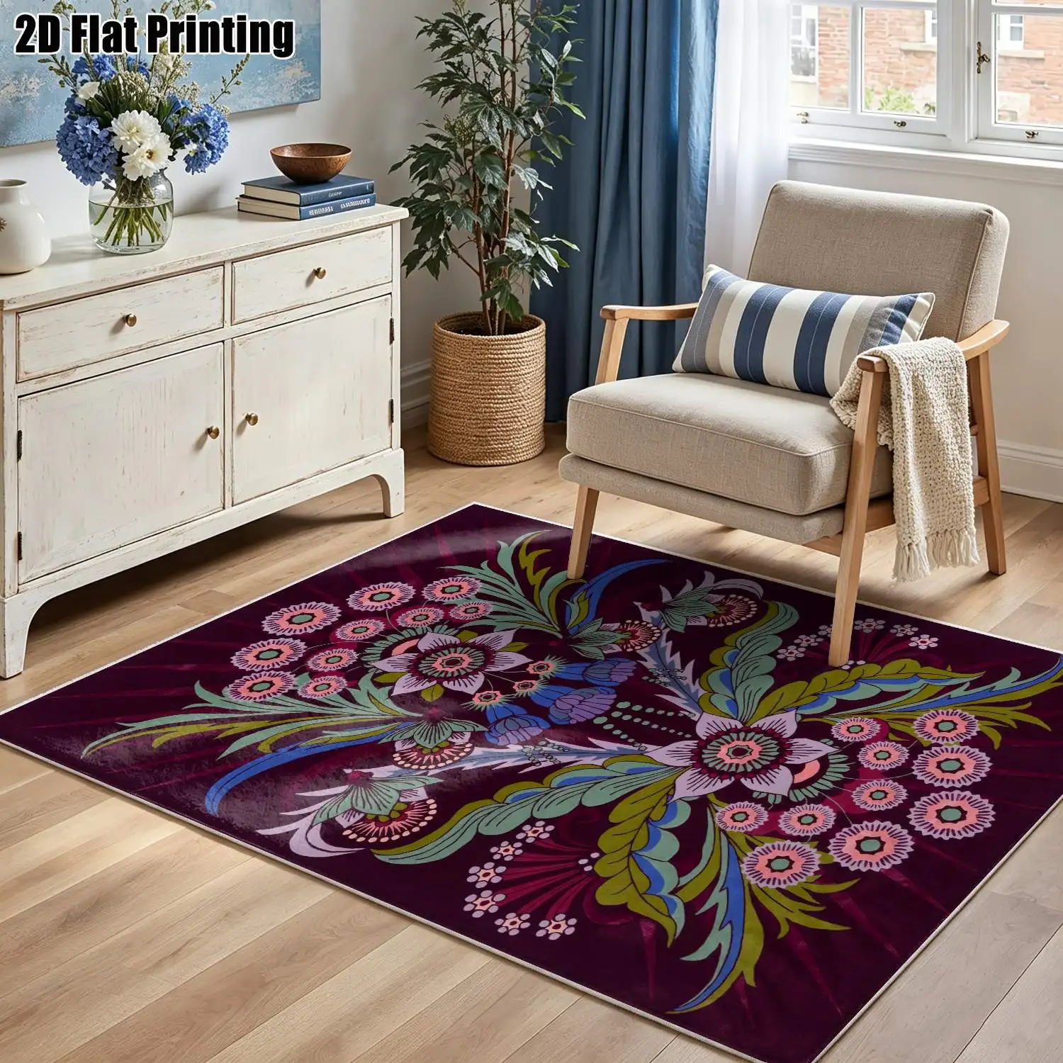 1Pc 2D Printed Velvet Carpet, Pink-Green-Blue Floral, Multi-Style, Machine Washable, Multi-Size, for Home Decor & Multi-Scene Use