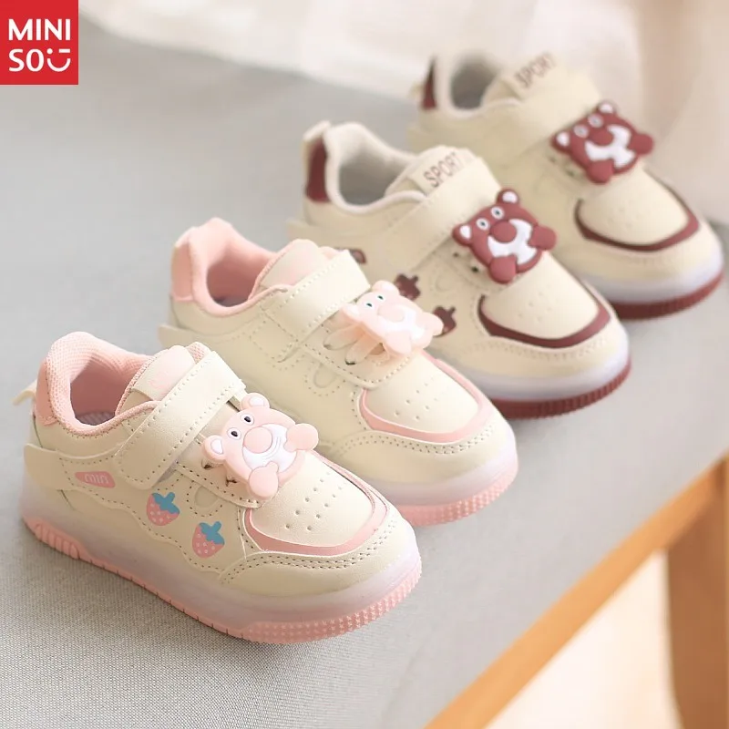 

Miniso New Kids Light Up Leather Sneakers with Soft Sole, Spring Autumn Casual Shoes for Toddlers and Children