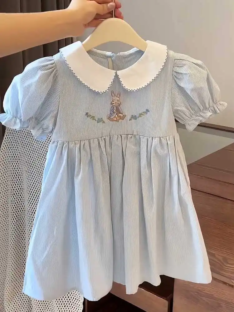 Baby Girls\' Short sleeved Dress Summer Dress New Children\'s Bubble Sleeve Fashion Striped Rabbit Dress Embroidered